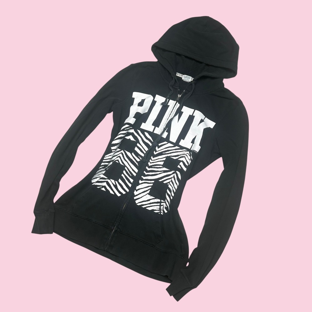Victoria's Secret PINK Zebra Print 86 Full Zip Hoodie Black Large
